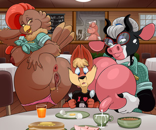 amber_eyes anthro anus big_breasts blue_eyes bodily_fluids bowl bread breakfast breasts butt cereal chair chalkboard chef cigarette cigarette_in_mouth clothing clothing_around_legs container cracked_egg cup cutlery drooling egg eyeshadow eyewear female food fork fruit furniture genital_fluids genitals glass glass_container glass_cup glasses green_eyes hair hair_bun half-closed_eyes hand_on_butt juice_(beverage) kitchen_utensils lactating makeup male milk motion_lines name_tag narrowed_eyes nipples object_in_mouth open_mouth orange_juice panties panties_around_legs plant plate presenting presenting_hindquarters print_clothing print_shirt print_t-shirt print_topwear pubes purple_eyeshadow restaurant saliva scar shirt smoking smoking_cigarette spoon t-shirt table toast tools topwear underwear underwear_around_legs utility_genitals vaginal_fluids vulva waiter lonbluewolf avian bird bovid bovine canid canine cattle chicken dairy_cattle domestic_pig fox galliform holstein_friesian_cattle mammal phasianid suid suine sus_(pig) 2025 6:5 hi_res