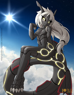 black_body breasts cloud female grey_hair hair pokemorph sky small_breasts solo sun rilex_lenov nintendo pokemon generation_3_pokemon humanoid legendary_pokemon pokemon_(species) pokemon_humanoid rayquaza shiny_pokemon