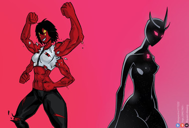 4_arms 4_eyes black_body breasts clothing duo female genitals multi_arm multi_eye multi_limb muscular muscular_female red_body small_breasts thick_thighs torn_clothing vein veiny_muscles vulva espectro111222 ben_10 cartoon_network chaquetrix alien_x four_arms_(ben_10) alien celestialsapien humanoid tetramand hi_res