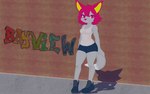 anthro blue_clothing blue_footwear blue_hotpants blue_shoes blue_sneakers bottomwear brick_wall clothing concrete_floor female footwear fur graffiti graffiti_on_wall grey_body grey_fur grey_tail hair hotpants pink_eyes pink_hair pink_nose shirt shoes shorts sneakers socks solo standing tail tank_top topwear wall_(structure) white_body white_clothing white_footwear white_fur white_shirt white_socks white_tail white_tank_top white_topwear yellow_ear_fluff thekitsuyt gure_(thekitsuyt) canid canine fox mammal 16:10 hi_res widescreen