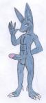 abs anthro balls blue_body blue_eyes blue_scales circumcised claws erection genitals gesture hand_behind_back looking_at_viewer male muscular muscular_anthro muscular_male nude penis scales sharp_teeth simple_background smile solo standing teeth waving white_background redboi gin_(twitchyanimation) mammal hi_res traditional_media_(artwork)