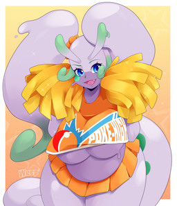 belly big_breasts blue_eyes border bottomwear breasts cheerleader_outfit clothed clothed_female clothed_humanoid clothing eyelashes female female_humanoid front_view gradient_background huge_breasts open_mouth orange_background orange_bottomwear orange_clothing orange_skirt orange_topwear pom_poms purple_body simple_background skirt slightly_chubby slightly_chubby_female slightly_chubby_humanoid snaggle_tooth solo thick_thighs topwear under_boob white_border wide_hips yellow_background weepinbelly nintendo pokemon generation_6_pokemon goodra humanoid pokemon_(species) pokemon_humanoid