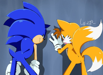 2_tails anthro anus bangs black_nose blue_body blue_eyes blue_fur blush butt cheek_tuft chest_tuft clothing duo embarrassed facial_tuft fur gloves green_eyes handwear looking_at_viewer looking_back male monobutt multi_tail multicolored_body multicolored_fur open_mouth orange_body orange_fur quills_(anatomy) tail tan_body tan_fur tuft two_tone_body two_tone_fur white_body white_fur x_anus young young_anthro young_male shoppaaaa sega sonic_the_hedgehog_(series) miles_prower sonic_the_hedgehog canid canine eulipotyphlan fox hedgehog mammal