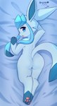 anthro bedding bedding_background blue_body blue_eyes blue_fur butt female fur looking_at_viewer nude raised_tail rear_view solo tail text kryztar nintendo pokemon canid eeveelution generation_4_pokemon glaceon mammal pokemon_(species) absurd_res digital_media_(artwork) hi_res japanese_text shaded