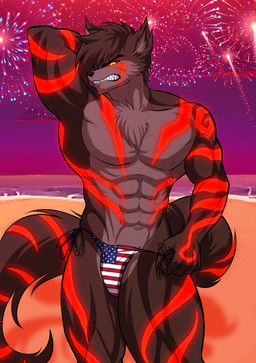 5_fingers abs american_flag american_flag_speedo anthro beach black_nose chest_tuft clenched_teeth clothed clothed_anthro clothed_male clothing fingers fireworks flag_speedo fur glowing glowing_markings hair humanoid_hands male markings muscular muscular_anthro muscular_male navel night red_body red_fur red_hair red_markings red_sclera sand sea skimpy skimpy_speedo solo speedo swimwear tail teeth topless topless_anthro topless_male tuft united_states_of_america water yellow_eyes nautti skularia hellaverse helluva_boss mythology fan_character havok_the_hellscarred canid canid_demon canine demon hellhound mammal mythological_canine mythological_creature absurd_res hi_res