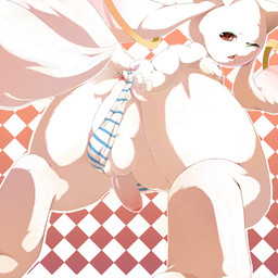 anthro anus backsack balls big_butt bottomwear butt clothing erection feet foreskin fur genitals hindpaw humanoid_genitalia humanoid_penis kemono long_inner_ear_fluff male one_eye_closed open_mouth panties pattern_background pattern_bottomwear pattern_clothing pattern_panties pattern_underwear paws penis presenting red_eyes simple_background solo striped_bottomwear striped_clothing striped_panties striped_underwear stripes tail underwear white_body white_fur mumu puella_magi puella_magi_madoka_magica kyubey incubator_(puella_magi) mammal 1:1