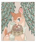 basket border container curtains ear_piercing ear_ring female feral flower holding_in_mouth piercing pinecone plant ring_piercing scarf solo white_border memegmu bambi_(film) disney faline_(bambi) deer mammal hi_res