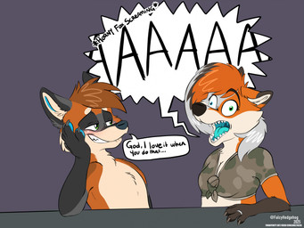 anthro bite biting_lip blush breasts cleavage clothed clothing derp_eyes digit_ring duo ears_back female gazing head_on_hand heterochromia humor jewelry joke male male/female pivoted_ears ring romantic romantic_couple shirt sitting text tied_shirt topwear wedding_ring yelling coolskeltal95 fluke_fox ruka_fawkes canid canine cross_fox fox mammal red_fox true_fox english_text half-length_portrait hi_res portrait url