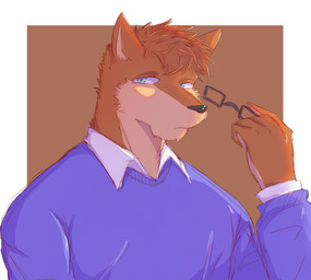 anthro blue_clothing brown_body brown_fur clothing eyewear fur glasses holding_eyewear holding_glasses holding_object male slight_blush solo teal_eyes kyouu15 furloid utau dogou_uru canid canine mammal hi_res