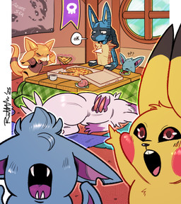 adolescent anthro armwear banner clothing coffee_mug female food fruit furniture inside kotatsu male map pecha_berry pizza plant pokemon_berry rug table window young rathmutatio family_guy_death_pose levitating_pizza mythology nintendo one-punch_man one_(manga) pokemon two_soyjaks_pointing lemon_(lucario) manzana_(abra) rissoti_(pikachu) zen_(zubat) zin_(zubat) zucchini_(zangoose) abra bat canid canine fox generation_1_pokemon generation_3_pokemon generation_4_pokemon herpestid leaf-nosed_bat lucario mammal microbat mongoose mythological_creature pikachu pokemon_(species) rodent vampire_bat yangochiropteran zangoose zubat hi_res meme
