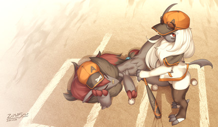 anthro ball band-aid bandage baseball_(ball) baseball_bat baseball_cap bat_(object) claw_fingers claw_toes claws clothing duo eyewear facial_markings female female_anthro field finger_claws fur grey_body grey_claws grey_fur grey_skin hair hat head_markings headgear headwear jacket legwear looking_at_viewer lying male male_anthro markings on_hind_legs on_side red_claws red_eyes red_hair semi-anthro standing sunglasses tail tights toe_claws topwear white_body white_fur white_hair zinfyu nintendo pokemon lute_(zinfyu) absol generation_3_pokemon generation_5_pokemon pokemon_(species) zoroark 2021 absurd_res alternate_version_at_source digital_media_(artwork) hi_res shaded