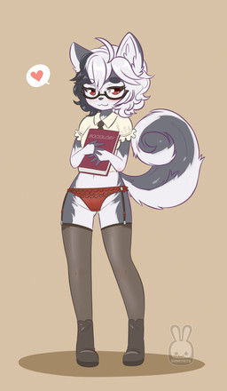 5_fingers :3 ahoge anthro black_body black_fur black_hair blouse blush book boots bottomwear clothed clothing countershading crotch_tuft curled_tail eyelashes eyewear female fingers fluffy fluffy_hair fluffy_tail footwear front_view fur garter_straps genitals glasses hair hands_together heart_symbol holding_book holding_object inner_ear_fluff legwear lingerie long_tail looking_at_viewer looking_forward multicolored_hair navel necktie nerd panties red_clothing red_eyes red_panties red_underwear shoes simple_background skimpy solo speech_bubble standing stockings tail thigh_highs topwear translucent translucent_bottomwear translucent_clothing translucent_legwear translucent_panties translucent_stockings translucent_underwear tuft two_tone_hair underwear vulva white_body white_fur white_hair young young_anthro young_female bunnybits conditional_dnp katherine_(badmatt) australian_shepherd canid canine canis domestic_dog herding_dog mammal pastoral_dog sheepdog 2020 absurd_res digital_media_(artwork) hi_res pictographics shaded
