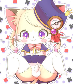 :3 abstract_background anthro anus balls bent_legs blush blush_stickers bottomwear clothed clothing crossdressing drill_curls erection femboy foreskin genitals hair hat headgear headwear humanoid_genitalia humanoid_penis legs_up legwear male penis purple_eyes shota sitting skirt solo spread_legs spreading stockings thigh_highs unretracted_foreskin whiskers young young_anthro bunnag cat_busters chrona_(cat_busters) domestic_cat felid feline felis mammal digital_media_(artwork) hi_res shaded