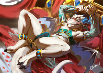 anthro biped blue_eyes blue_horn blush bodily_fluids bound bulge chain chained claws clothed clothing crossdressing cuff_(restraint) detailed_background erection erection_under_clothing femboy gerudo_outfit hands_tied horn legs_tied lying male membrane_(anatomy) membranous_wings on_back penis_in_panties presenting restraints smile solo sweat tail tenting thong toe_claws underwear white_body wings obaum mythology kyrie_skyfang dragon mythological_creature mythological_scalie scalie 2023 absurd_res digital_media_(artwork) hi_res