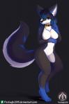 anthro black_body black_fur black_nose blue_body blue_eyes blue_fur blush claws collar collar_only collar_tag fangs female fur hair heart_collar_tag heart_symbol heart_tag looking_at_viewer name_in_heart nude smile solo standing teeth text text_in_heart senz canid canine fox mammal absurd_res hi_res url