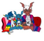 anthro biped bisexual_pride_colors erection eyewear flag genitals glasses hair knot lgbt_pride male male/male male_anthro penis pride_colors six-stripe_rainbow_pride_colors chicostyx bandai_namco digimon fakemon mythology fan_character sol_the_guilmon sven_the_giramon yami_the_veemon digimon_(species) dragon fanmon guilmon hybrid mythological_creature mythological_scalie reptile scalie veemon hi_res