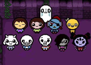 alternate_form anthro armless bedsheet_ghost blue_clothing blue_sweater blue_topwear bone brown_hair clothed clothing eye_patch eyewear female fur green_clothing green_sweater green_topwear group hair happy looking_at_viewer male pattern_clothing pattern_sweater pattern_topwear skeleton smile striped_clothing striped_sweater striped_topwear stripes style_emulation sweater teeth topwear what white_body white_fur unknown_artist the_binding_of_isaac_(series) undertale undertale_(series) chara_(undertale) frisk_(undertale) mettaton mettaton_ex monster_kid muffet napstablook papyrus_(undertale) sans_(undertale) toriel undyne animated_skeleton aquatic arachnid arthropod boss_monster_(undertale) bovid caprine fish human mammal undead 2015 crossover digital_media_(artwork) low_res