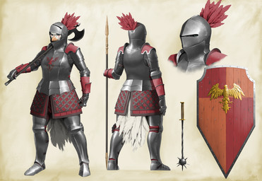 anthro armor axe battle_axe blue_eyes feathers female front_view full_armor headgear helmet knight mace melee_weapon plate_armor polearm rear_view red_body red_feathers shield solo spear warrior weapon weapon_on_shoulder mikelocesterlanders jane_(breegulleagle) accipitrid accipitriform avian bird eagle absurd_res hi_res model_sheet