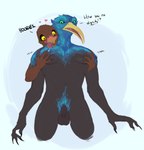 anthro balls beak big_balls big_pecs blue_body blue_feathers blush bodily_fluids chest_grab claws dialogue drooling duo feathers flaccid genitals glowing glowing_eyes green_eyes hand_on_chest hand_on_pecs humanoid_genitalia humanoid_penis long_beak male male/male nude nude_anthro nude_male onomatopoeia pec_grab pecs penis pubes saliva simple_background size_difference smile sound_effects text tongue tongue_out yellow_eyes himerosthegod egyptian_mythology middle_eastern_mythology mythology ra_(smite) thoth_(smite) avian bird falcon falconid ibis pelecaniform threskiornithid hi_res