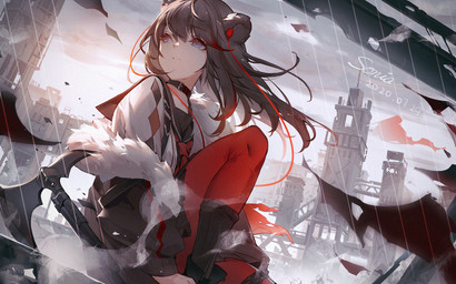 axe blue_eyes brown_hair building clothing collar detailed_background dutch_angle earbuds electronics female hair headphones jacket melee_weapon outside raining sitting solo topwear weapon emurina arknights hypergryph studio_montagne zima_(arknights) animal_humanoid bear humanoid mammal mammal_humanoid ursid_humanoid 16:10 2020 hi_res widescreen