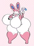 anthro big_breasts big_butt black_eyes breasts butt disembodied_hand duo female food huge_breasts huge_butt huge_thighs hyper hyper_breasts hyper_butt hyper_thighs nipples open_mouth pink_body poke_puff simple_eyes smile solo_focus standing thick_thighs white_body dewbber nintendo pokemon eeveelution generation_6_pokemon pokemon_(species) sylveon