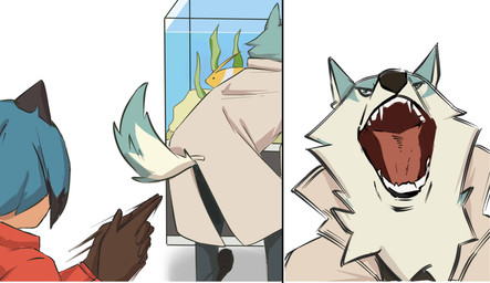 5_fingers anthro aquarium blue_body blue_fur blue_hair blue_tail clothed clothing duo fangs female fingers fish_tank fully_clothed fur hair humor kancho leaning leaning_forward male motion_lines multicolored_body multicolored_fur open_mouth screaming simple_background tail teeth tongue two_tone_body two_tone_fur two_tone_tail vivarium water white_body white_fur white_tail dirittle brand_new_animal mythology studio_trigger michiru_kagemori shirou_ogami aquatic canid canine canis fish mammal mythological_canine mythological_creature raccoon_dog tanuki werecanid werecanine werecreature werewolf wolf absurd_res hi_res