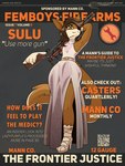 3:4 anthro belt brown_body brown_fur brown_hair canid canine canis clothed clothing cover crossdressing dingo dress english_text femboy fictional_magazine_cover footwear fur gun hair hands_behind_head hi_res high_heels holding_object holding_ranged_weapon holding_weapon male mammal marcus_gray multicolored_body multicolored_fur one_eye_obstructed pump_action pump_action_shotgun qr_code ranged_weapon shotgun simple_background slit_dress sparkles sparkling_clothing sparkling_dress tail team_fortress_2 text thick_thighs valve weapon