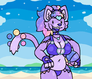 anthro ball beach beach_ball big_breasts bikini breasts cheek_tuft choker cleavage clothed clothing colored_nails ear_piercing facial_tuft female forehead_gem freckles fur gem glistening hair hand_on_hip inflatable jewelry multicolored_hair nails navel navel_piercing necklace open_mouth outside piercing purple_body purple_flesh purple_fur shark_teeth sharp_teeth smile smiling_at_viewer solo standing swimwear teeth tuft two-piece_swimsuit squeakitties lb_(squeakitties) felid mammal aliasing digital_media_(artwork) hi_res microsoft_paint_(artwork) portrait three-quarter_portrait