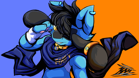 anthro clothing collar ear_piercing ear_ring fingerless_gloves gloves grin handwear male mega_stone piercing ring_piercing scarf smile solo yellow_eyes mcmigmiggy nintendo pokemon foofy_(foofybluedoggo) generation_4_pokemon pokemon_(species) riolu absurd_res hi_res