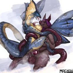 anthro blizzard_(weather) bodily_fluids breasts busty_feral cold cum eldritch_bat feral genital_fluids hand_on_neck holding_leg multi_eye penetration sex_in_snow snow tentacles teratophilia tongue_between_breasts vaginal vaginal_penetration magnetus capcom monster_hunter vyl'hliri_(elderfloof) bat flying_wyvern legiana mammal 1:1 absurd_res hi_res