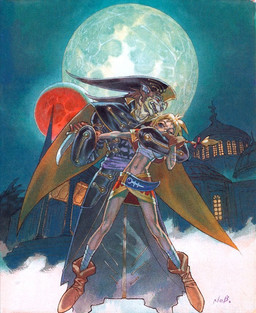 anthro arm_grab blonde_hair bottomwear cape clothed clothing dagger duo female grabbing hair hostage male melee_weapon moon navel red_bottomwear red_clothing red_skirt size_difference skinny skirt torso_grab weapon yuuki_nobuteru chrono_(series) chrono_cross kid_(chrono_cross) lynx_(chrono_cross) human humanoid mammal official_art painting_(artwork) traditional_media_(artwork) traditional_painting_(artwork) traditional_watercolor_(artwork) watercolor_(artwork)