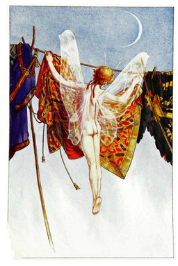 accessory ambiguous_gender antennae_(anatomy) art_nouveau back_towards_viewer brown_hair clothes_line clothing fabric floating hair hair_accessory hair_ribbon historical holding_object insect_wings melee_weapon nude outside ribbons scabbard shirt solo sword tasteful_nudity topwear tunic weapon wings paul_vincent_woodroffe william_shakespeare fairy humanoid 1908 20th_century ancient_art hi_res traditional_media_(artwork)