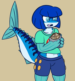 anthro blue_bottomwear blue_clothing blue_eyes blue_hair blue_shorts bottomwear clothed clothing donair female food hair holding_food holding_object shirt shorts simple_background solo standing t-shirt tan_background topwear sprucy mackenzie_(sprucy) aquatic fish mackerel scombrid scombriform