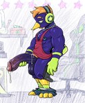 anthro balls beak beard big_balls big_penis blue_body blue_feathers bodily_fluids bong bottomwear bottomwear_down clothed clothing controller cum cum_drip dripping drugs electronics erection facial_hair feathers gaming_chair genital_fluids genitals hair headphones huge_penis humanoid_genitalia humanoid_penis male muscular muscular_anthro muscular_male nipple_piercing nipples orange_hair pants pants_down partially_clothed penis piercing saliva saliva_on_penis saliva_string shirt solo spitting tank_top topwear underwear underwear_down hexdisciple animal_crossing nintendo jacques_(animal_crossing) avian bird hi_res