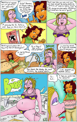 anthro belly bikini blonde_hair breasts burger cake clothing dessert duo female food fur green_clothing green_shirt green_topwear hair orange_body orange_fur outside overweight shirt speech_bubble swimwear text topwear two-piece_swimsuit s.sakurai canid canine domestic_pig fox mammal suid suine sus_(pig) comic