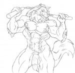 abs anthro balls biceps biped fur genitals half-erect humanoid_genitalia humanoid_penis male melee_weapon muscular muscular_anthro muscular_male nipples nude nunchaku pecs penis solo standing teeth vein weapon cyran capcom darkstalkers jon_talbain canid canine canis mammal wolf monochrome sketch