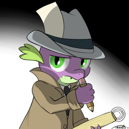 4_fingers anthro big_eyes big_head clothed clothing detective dual_holding fingers frown green_eyes hat headgear headwear holding_note_pad holding_object holding_pencil holding_writing_utensil male necktie note_pad notebook overcoat pencil_(object) pupils purple_body shirt slit_pupils solo toony topwear writing_utensil unknown_artist friendship_is_magic hasbro my_little_pony mythology spike_(mlp) dragon mythological_creature mythological_scalie scalie 1:1 2011