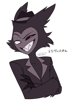 anthro crossed_arms male smile smiling_at_viewer smirk smirking_at_viewer solo text enaic31 hazbin_hotel hellaverse travis_(hazbin_hotel) avian bird demon owl hi_res japanese_text translation_request