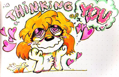 ambiguous_gender anthro dreamy_eyes fluffy love solo tail tail_motion tailwag text fr4nkie canid canine mammal handwritten_text hi_res traditional_media_(artwork)