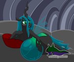 belly big_belly blush female feral green_eyes hair horn navel pregnant pregnant_female pregnant_feral simple_background smile solo tail text wings arceus_tummy friendship_is_magic hasbro my_little_pony mythology queen_chrysalis_(mlp) arthropod changeling equid equine horse insect mammal mythological_creature mythological_equine digital_media_(artwork) english_text hi_res