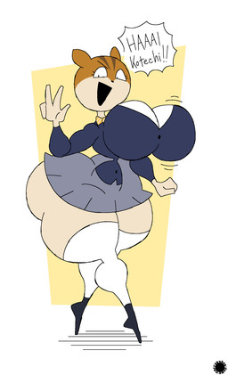 4_fingers anthro bar_emanata big_breasts big_butt blazer bottomwear bow_tie breast_jiggle breasts brown_body brown_fur bubble_butt butt clothing countershade_face countershading curvy_figure dialogue emanata eyelashes female fingers footwear fur geometric_background gesture hand_gesture jiggling legwear logo looking_at_viewer shoes simple_background skirt small_waist socks solo speech_bubble spherical_breasts text thick_thighs thigh_highs thigh_socks v_sign walking wasp_waist wide_hips thatdawgmurray uchuu_nanchara_kotetsu-kun michiko_(uchuu_nanchara_kotetsu-kun) mammal rodent sciurid tree_squirrel 2026 absurd_res aliasing artist_logo artist_name digital_media_(artwork) hi_res signature