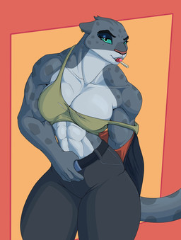 abs anthro bedroom_eyes biceps bottomwear breasts candy clothing dessert ear_piercing ear_ring eyeshadow female fingers food fur grey_body grey_fur half-closed_eyes lollipop lollipop_in_mouth looking_at_viewer makeup midriff muscular muscular_anthro muscular_female narrowed_eyes pants piercing ring_piercing seductive simple_background solo standing teeth topwear underwear undressing undressing_self f_draws dreamworks the_bad_guys kitty_kat_(the_bad_guys) felid mammal pantherine snow_leopard digital_media_(artwork) hi_res