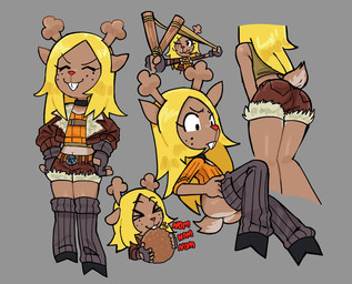 :3 anthro antlers belt_buckle black_choker black_jewelry black_necklace blonde_hair bottomless bottomless_anthro bottomless_female bottomwear brown_bottomwear brown_clothing brown_hotpants brown_jacket brown_shorts brown_topwear buckle buckteeth butt choker clothed clothed_anthro clothed_female clothing cosplay crossover_cosplay eating eyelashes eyes_closed female female_anthro fingerless_gloves flat_chested food freckled_face freckles front_view fully_clothed fully_clothed_anthro fully_clothed_female fur gloves grey_background hair handwear holding_food holding_object holding_ranged_weapon holding_slingshot holding_weapon horn hotpants jacket jewelry leg_warmers legwear long_eyelashes low-angle_view multiple_poses necklace one_eye_closed onomatopoeia partially_clothed_anthro partially_clothed_female pose ranged_weapon shirt shorts simple_background slingshot smile solo sound_effects tail tan_body tan_fur tank_top teeth text tomboy tongue tongue_out topwear weapon 1her0 deltarune marvel undertale_(series) noelle_holiday squirrel_girl_(marvel) deer mammal 2026 crossover digital_media_(artwork) hi_res multiple_images