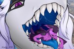 anthro blue_insides blue_tongue blush bodily_fluids close-up duo extreme_size_difference female fur hair in_mouth larger_female macro male male/female micro micro_prey mouth_shot open_mouth oral_vore partially_inside purple_body purple_eyes purple_fur saliva sharp_teeth size_difference smaller_male swallowing teeth tongue tongue_out vore white_hair willing_prey kalo_89 arveshi_(character) sil'fer_riptide avali avian fish marine shark 3:2 digital_media_(artwork) hi_res