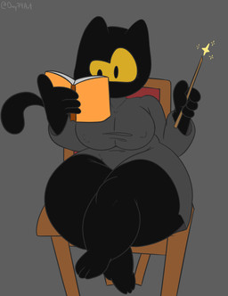 4_fingers anthro big_breasts black_body black_eyes book breasts chair clothing female fingers furniture magic magic_wand on_chair reading shirt sitting sitting_on_chair solo tail thick_thighs topwear tunic wand day74art google google_doodle magic_cat_academy momo_(google) domestic_cat felid feline felis mammal hi_res