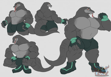 anthro biceps big_bulge big_muscles big_pecs bottomwear bulge clothing crouching fingerless_gloves footwear forked_tongue front_view gloves green_bottomwear green_clothing green_footwear green_gloves green_handwear green_shoes green_shorts grey_background grey_body grey_scales hand_on_leg hand_on_thigh handwear huge_pecs looking_at_viewer male mouth_closed multicolored_body multiple_poses muscular muscular_anthro muscular_arms muscular_legs muscular_male muscular_thighs open_mouth pecs pose quads rear_view red_eyes scales shoes shorts simple_background sketchy solo standing tail tapering_tail thick_neck thick_thighs tongue triceps two_tone_body daikuhiroshiama kuon_(daikuhiroshiama) komodo_dragon lizard monitor_lizard reptile scalie 2026 hi_res model_sheet watermark