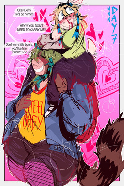 anthro backpack blonde_hair blood blue_highlights blush blush_lines bodily_fluids bottomwear brown_body brown_fur clothing dialogue duo eyes_closed fishnet_clothing fishnet_legwear flustered fur green_hair grin hair half-closed_eyes heart_symbol highlights_(coloring) hoodie hotpants legwear male markings narrowed_eyes nosebleed pants raccoon_tail_hair shirt shorts shortstack shortstack_male size_difference slightly_chubby slightly_chubby_anthro slightly_chubby_male smile speech_bubble striped_markings striped_tail stripes stubble sweatpants t-shirt tail tail_markings tan_body tan_fur text thick_thighs tied_ears topwear wide_hips gat0pussy24 demi_(gat0pussy24) lake_(gat0pussy24) lagomorph leporid mammal procyonid rabbit raccoon english_text hi_res nonbinary_(lore)