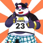 anthro black_nose blush clothing eyes_closed hat headgear headwear humanoid_hands kemono male overweight overweight_male purple_body shirt solo text text_on_clothing text_on_shirt text_on_topwear topwear white_body yaki_atsuage lifewonders tokyo_afterschool_summoners alp_(tas) bear giant_panda mammal 1:1 2022 hi_res