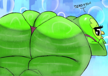 anthro beak big_butt black_text bodily_fluids butt clothing dialogue eyelashes female green_body huge_butt looking_at_viewer looking_back looking_back_at_viewer mascot open_beak open_mouth rear_view solo sweat sweaty_butt text thick_thighs thong underwear white_sclera yellow_beak lolbear_9 duolingo duo_(duolingo) avian bird owl 2025 digital_media_(artwork) hi_res japanese_text portrait three-quarter_portrait translation_check translation_request