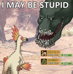 ambiguous_feral ambiguous_gender blue_eyes duo feathers feral gameplay_mechanics green_body hands_on_hips humor imminent_death jagged_teeth larger_ambiguous looking_at_another open_mouth pose red_body red_feathers sharp_teeth size_difference smaller_ambiguous tail talking_to_self teeth text white_body white_feathers yellow_eyes acejoes capcom monster_hunter bird_wyvern brute_wyvern deviljho kulu-ya-ku 2021 artist_name colored digital_drawing_(artwork) digital_media_(artwork) english_text headshot_portrait hi_res portrait signature three-quarter_portrait watermark